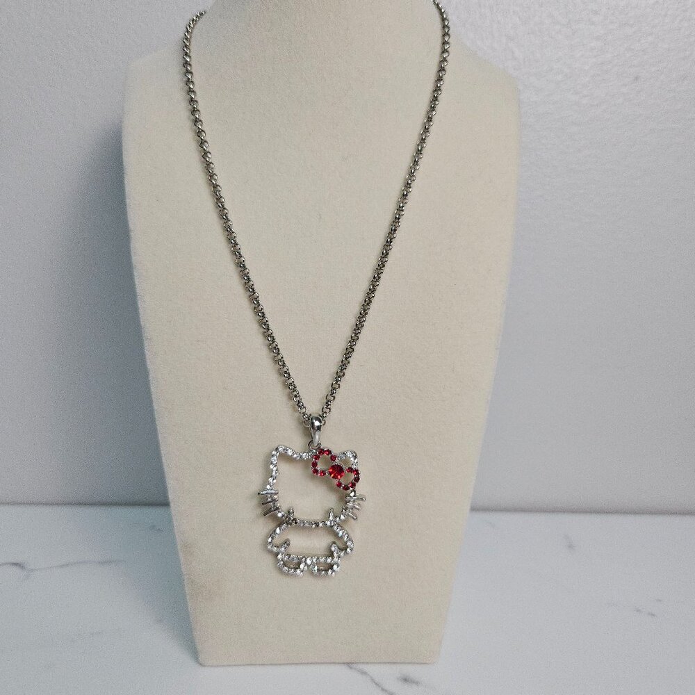 Hello Kitty Silver Pendant Necklace with Red Bow